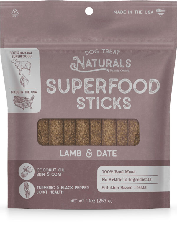 Dog Treat Naturals Lamb & Date Superfood Sticks for Dogs | All-Natural Premium Training Dog Treats | Contains Turmeric for Joint Health | Made in USA | 10 Ounces